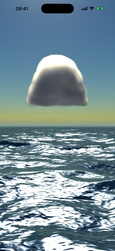 A painted white cumulus cloud over a bright blue sky and a sunlit, sparkling sea.