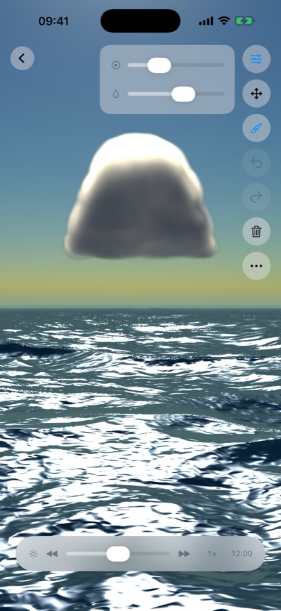 Painting a cloud with the brush palette and hour slider visible.