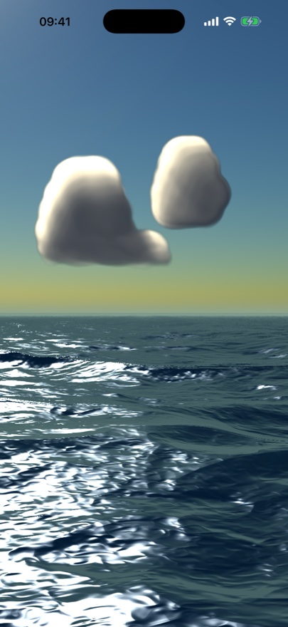 Two white clouds scattered across a blue noon sky over the sea.