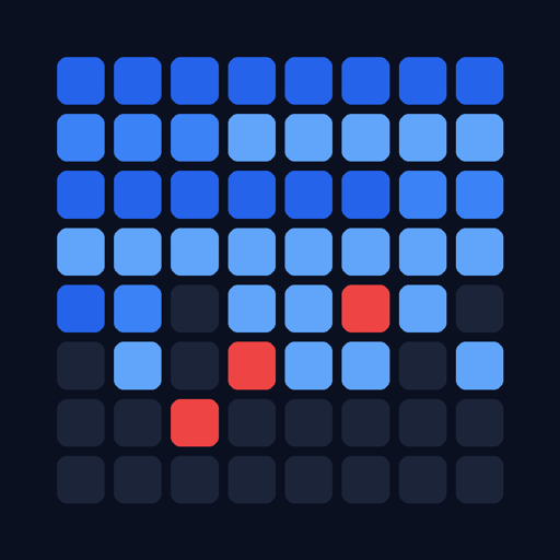 Winchester app icon: a grid of blue cluster blocks, packed at the top and scattered with red and dark gaps below, like a defragmenter's volume map.